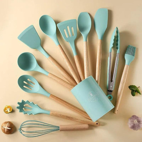 12Pcs/Set Wooden Handle Silicone Kitchen Utensils With Storage Bucket High Temperature Resistant And Non Stick Pot Spatula Spoon - megapoint.com